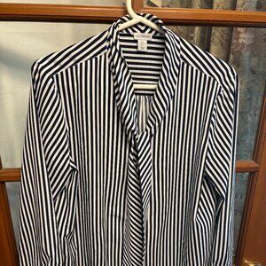 Blue and White Vertical Striped Business Blouse Size L